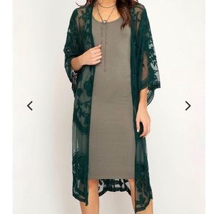 crochet lace midi duster cardigan - green